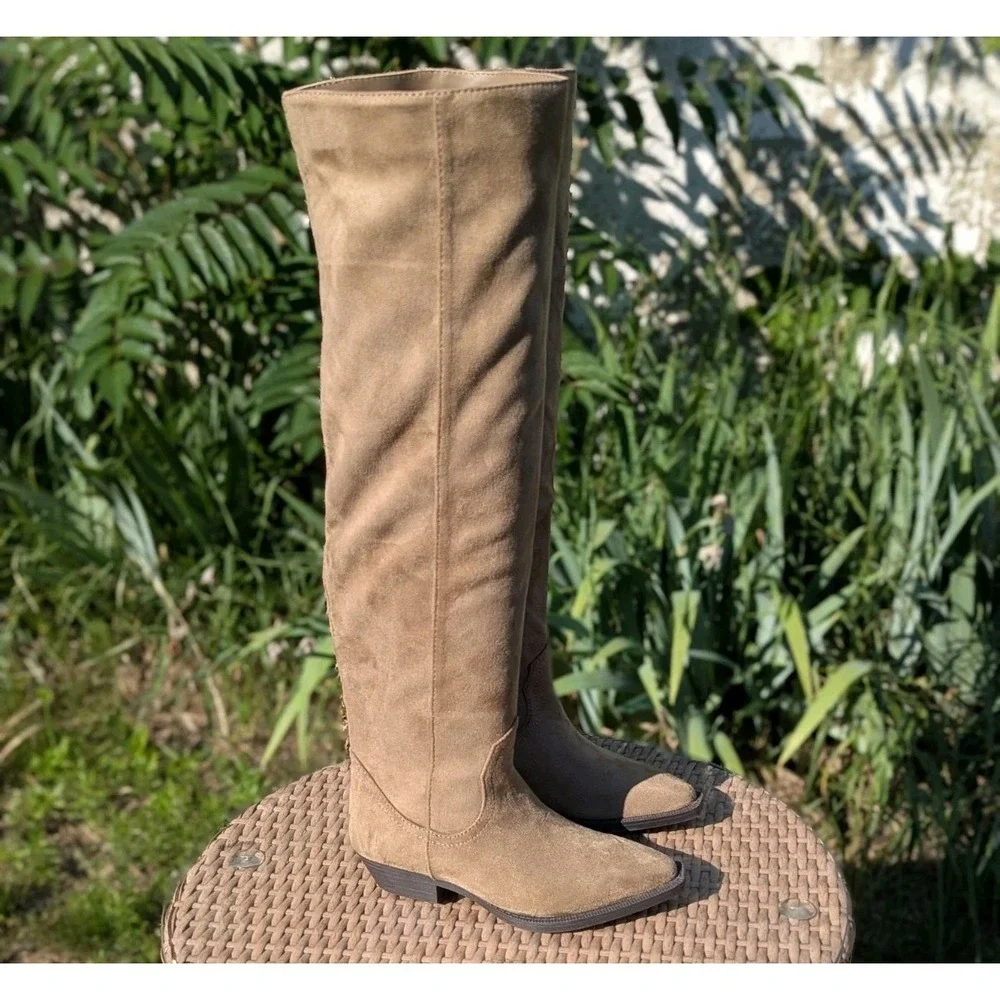 Coastal Cowgirl Western Over the Knee Taupe Boots Time & Tru Faux Suede Sz 6 NWT
